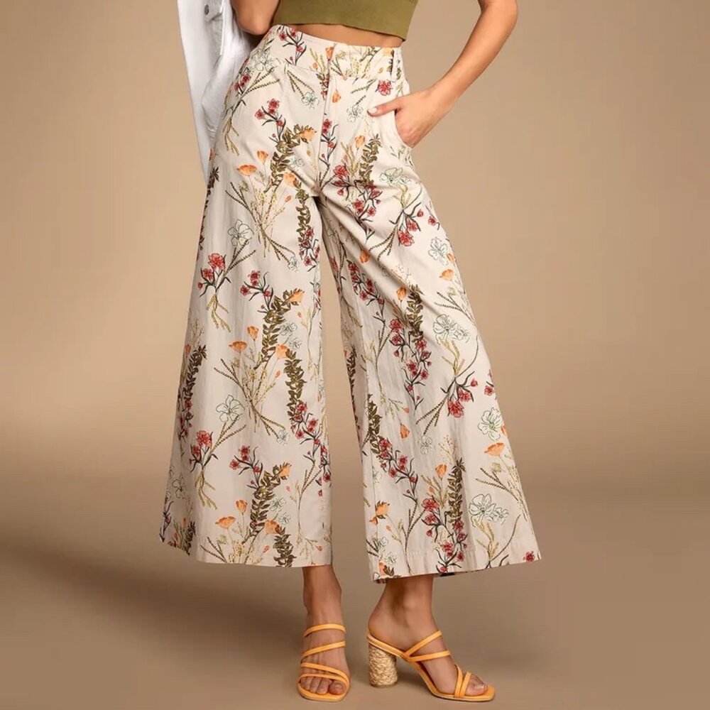 Free People Menorca Taupe Multi Floral Print Wide-Leg Cropped Pants Size 6